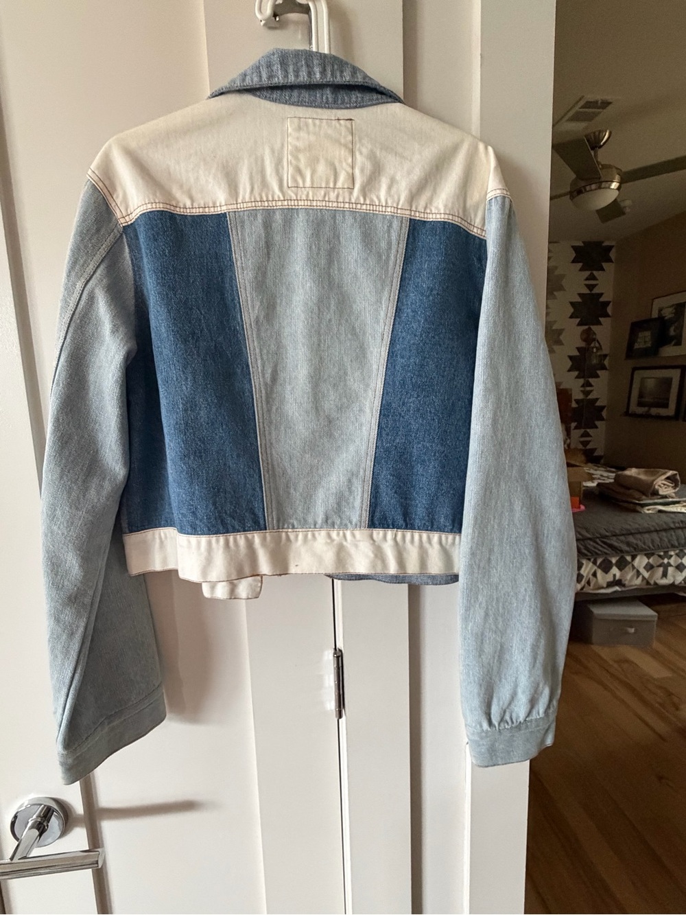 Me Jane Colorblock Denim Jacket in Light & Medium Blue with Cream